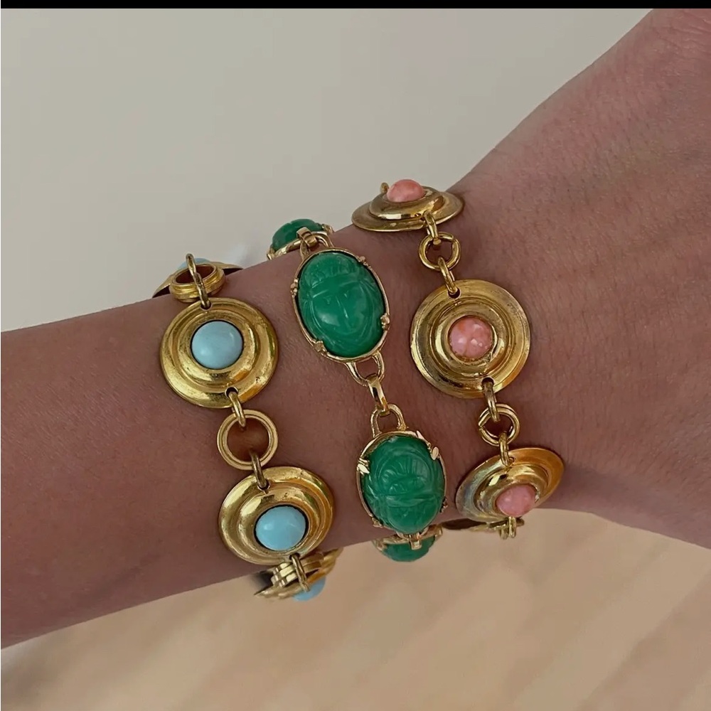 Ornate Gold and Green Bracelet Gemstone Accents